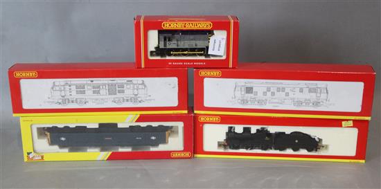 Four Hornby 00 gauge locomotives and a shunter; all five boxed